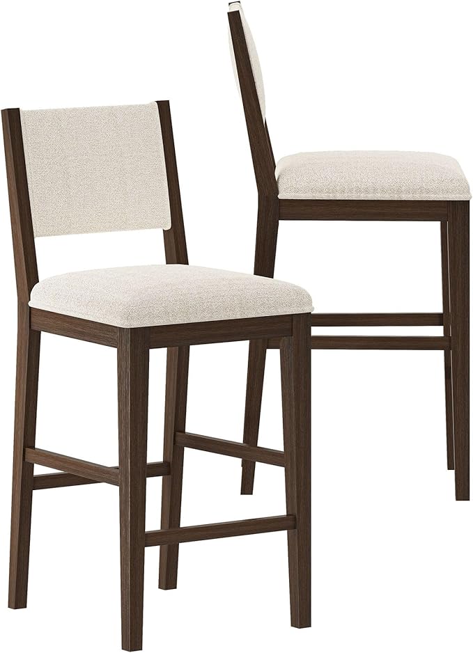 Plank+Beam Sereno Bar Stool, 30", Set of 2, Sturdy Wood Modern Kitchen Bar Height Stool, Upholstered Cushion Bar Chair with Back, Walnut/Ivory