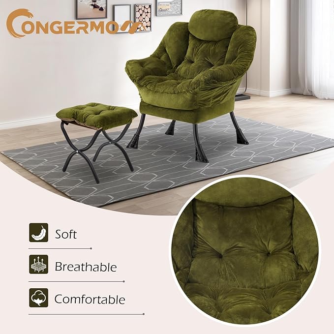 Lazy Chair with Folding Ottoman,Leisure Sofa Chair,Soft Fabric Armchair with Armrests and Side Pockets, Reading Chair with Footrest for Living Room, Bedroom, Office (Plush Green)