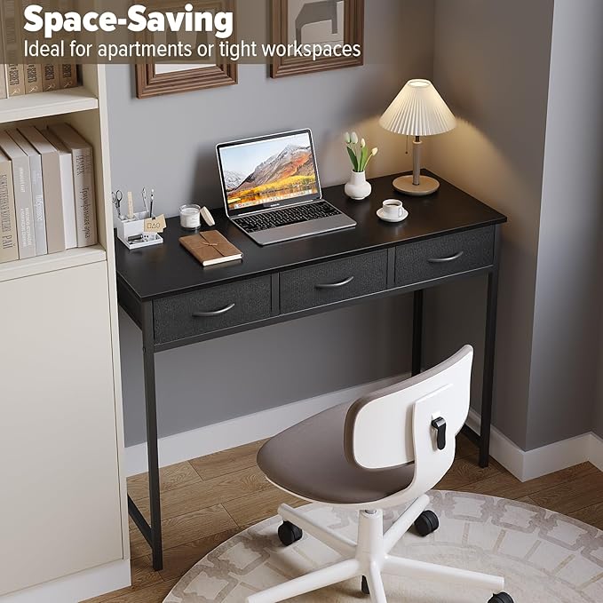 WOHOMO Computer Desk with Drawers, 39.3 Inch Bedroom Desk with Storage, Home Office Desk for Room Spaces, Modern Work Writing Study Tables, Black