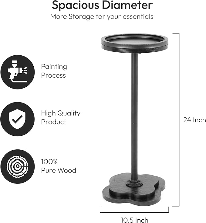 Modern Accent Pedestal Side End Table for Small Spaces – Pedestal End Table with Solid Metal Leg and Weighted Clover Base for Living Room, Sofa Couch, Bedroom and Office (Black)