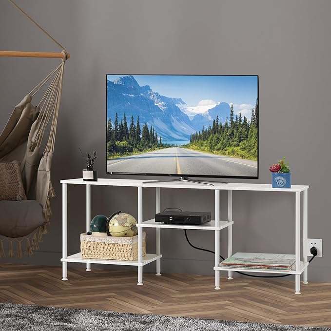 BTY White TV Stand with Storage, Wood Entertainment Center with Power Outlet, 3 Tier Small TV Table with Open Shleves for Living Room, Bedroom, Small Space, up to 50 inch TV