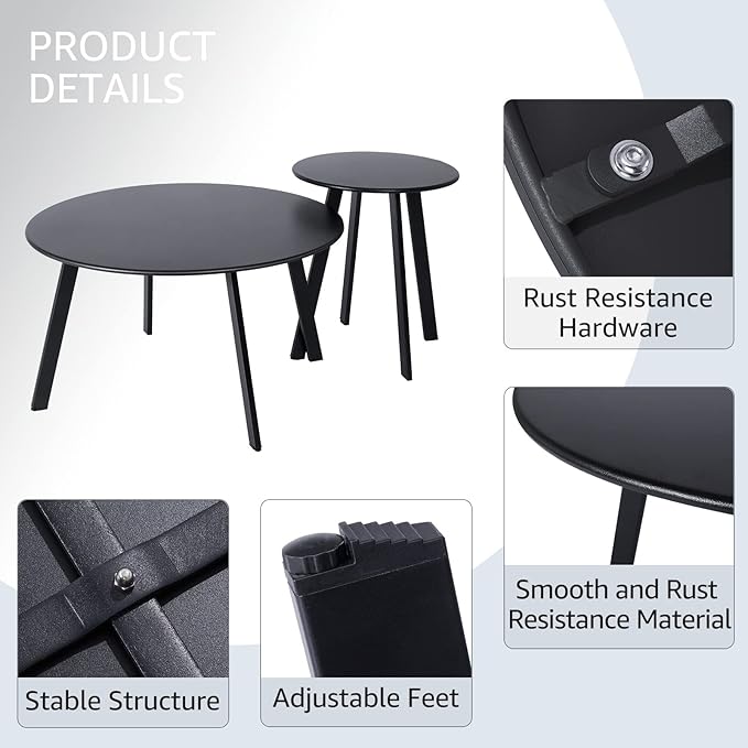 Patio Coffee Table Set of 2, Outdoor Weather Resistant End Table, Round Nesting Tables for Living Room Balcony Office,Black