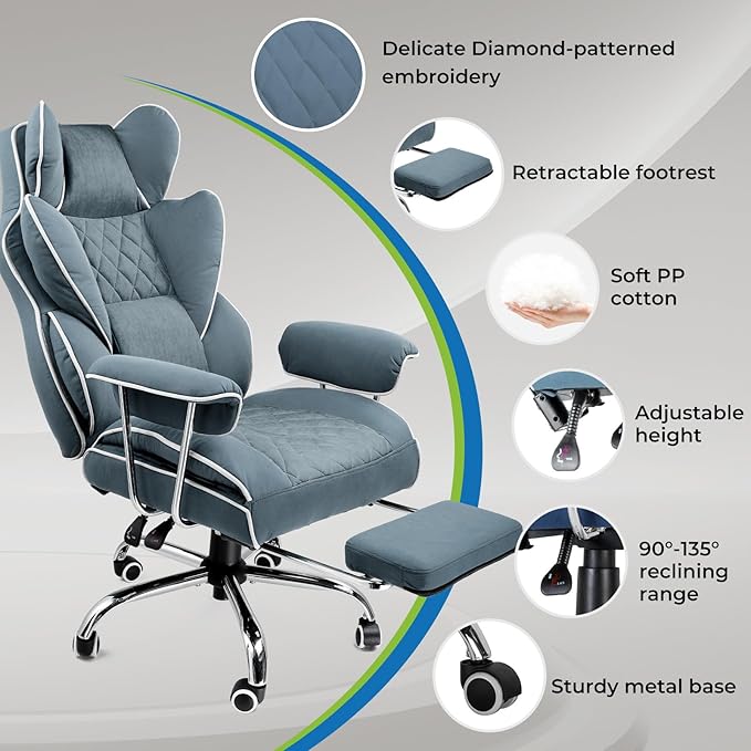 GTRACING Gaming Chair,Office Chair with Pocket Spring Lumbar Support, Ergonomic Comfortable Wide Office Desk Computer Chair with Outward Fixed Soft Armrests and Footrest (Fabric, Blue)