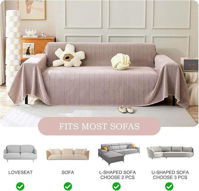 STACYPIK Solid Pink Sofa Cover for Pets Dogs, Cooling Chenille Herringbone Couch Cover for Sectional, Washable Pet Slipcover for 3 Cushion Couch, Anti-Slip Stain-Resistant Furniture Protector-71X134IN