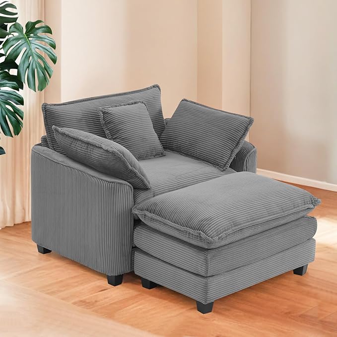 Furniliving Oversized Accent Chair with Ottoman, Luxury Corduroy Single Sofa, Upholstered Deep Seat Chaise Lounge with Pillows for Living Room, Bedroom, Apartment, Grey