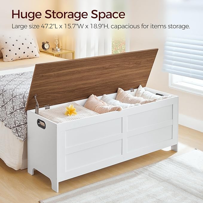Storage Chest, 47.2” Large Toy Chest, Entryway Storage Trunk, Storage Bench with Safety Hinge, Entrance Bench for Living Room, Entrance, Bedroom, White+Walnut SCBZ48901