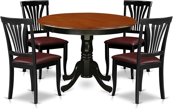 East West Furniture HLAV5-BCH-LC 5 Piece Modern Dining Table Set Includes a Round Wooden Table with Pedestal and 4 Faux Leather Dining Room Chairs, 42x42 Inch, Black & Cherry