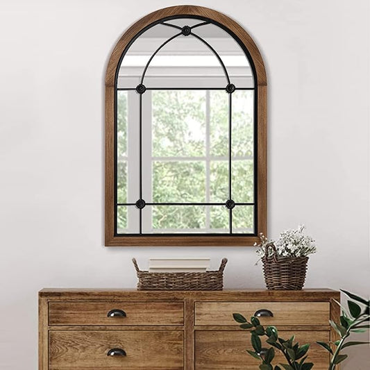 blue page Arched Mirror, Farmhouse Wall Decor Accent, Rustic Wood Framed Mirror Like Window for Bathroom, Bedroom, Entryway, or Living Room