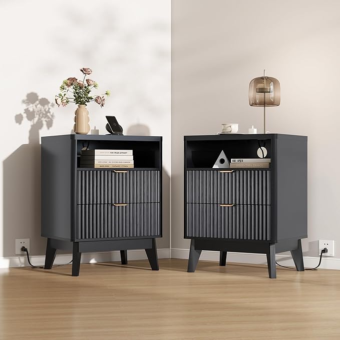 Fluted Nightstand Set of 2 with Charging Station, 19.7 inch Wide End Table with 2 Drawers, Modern Wood Bedside Table for Bedroom, Black