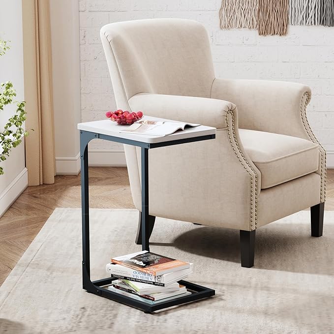 QEEIG C Table Side Table Set of 2 Living Room Sets C Shaped Couch Tray End Tables Modern, Black and White (017-30WB)