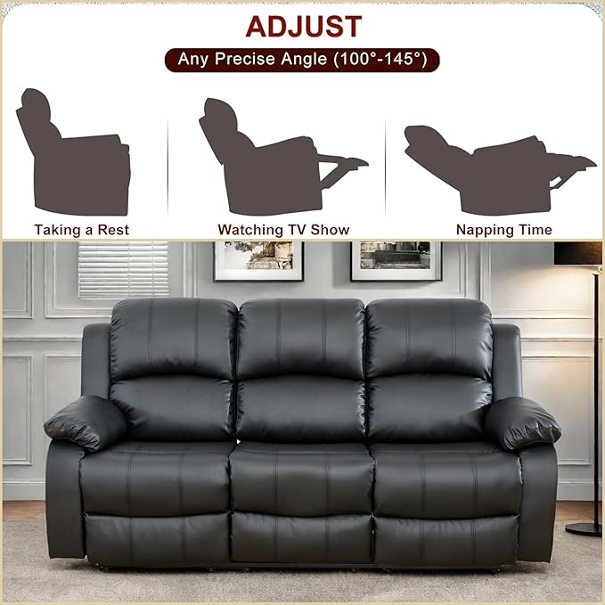 Leather Recliner Sofa Couch, 3-Seater Home Theater Seating Reclining Sofa, Power Reclining Couch with Cup Holders & Drop Down Table for Living Room Furniture Sets, Black