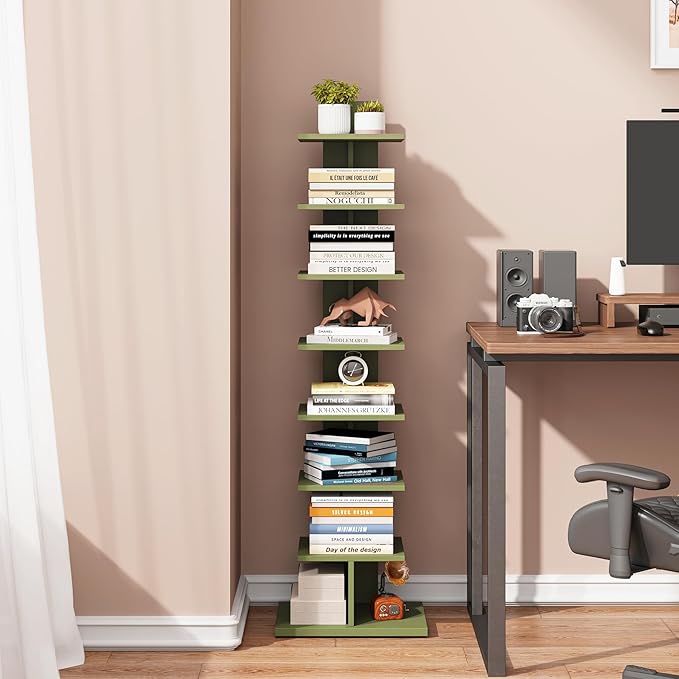 TUTOTAK Bookshelf, 8-Tier Bookcase, Narrow Spine Book Shelf for Small Space, Corner Standing Shelf for Living Room, Office, Study, Entryway, Olive Green BS06BOG008