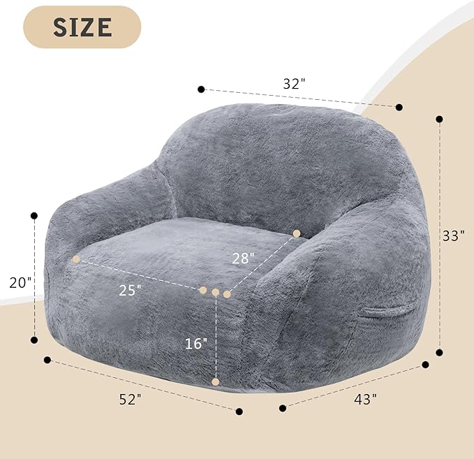 FAREYY Giant Bean Bag Chair with Armrests, Oversized Bean Bag Couch for Adults and Kids, Faux Fur Comfy Large Chair with Filler, Stuffed Lounge Floor Boneless Chair for Living Room, Light Gray