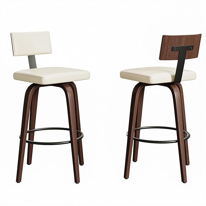 IRONCK Counter Height Bar Stools Set of 2, 29'' Faux Leather Upholstered Barstools with Back, Footrest, Wood Texture Bent Legs, Mid-Century Modern 360° Swivel Bar Stools for Kitchen Island, White