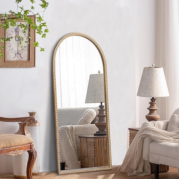 Gold Arched Mirror, 22"x47" Arch Vanity Mirrors for Bathroom, Decorative Accent Mirror with Metal Beaded Frame, Large Vintage Mirrors for Fireplace Bedroom Entryway Hallway Living Room