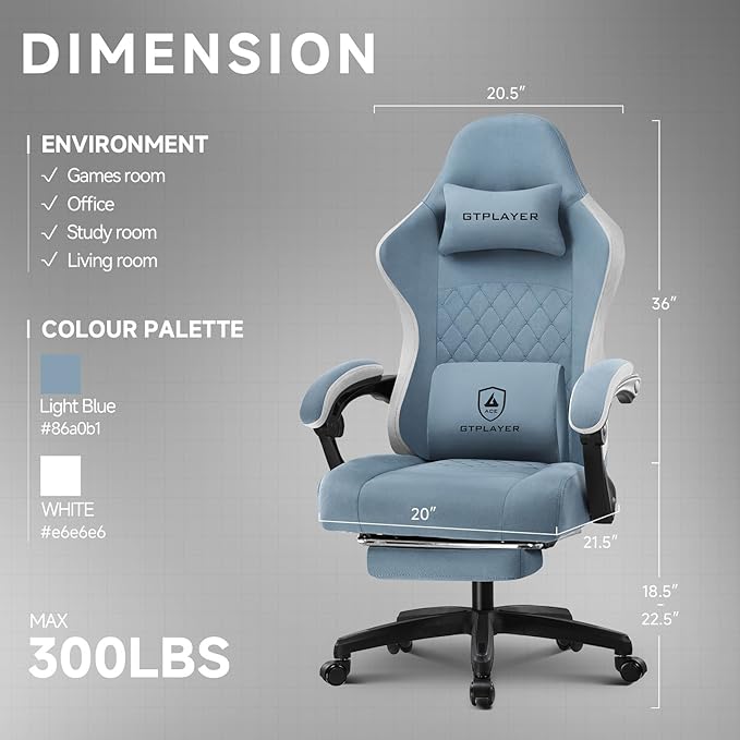 GTPLAYER Office Chair, Gaming Computer Desk Fabric Chair with Footrest, High Back Ergonomic Office Chair with Pocket Spring Lumbar Support and Linkage Armrests Adjustable Height Swivel for Home Task
