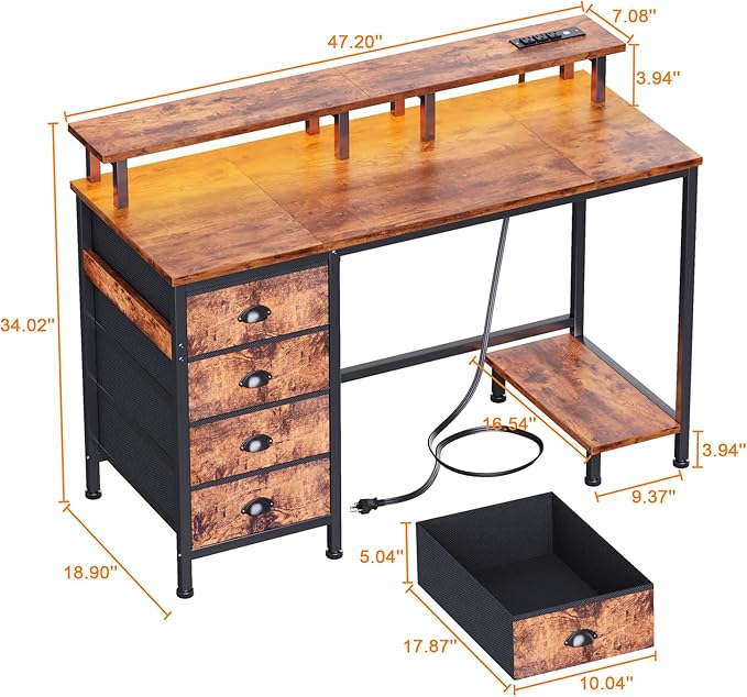Furologee 47" Computer Desk with 4 Fabric Drawers & Monitor Stand, Gaming Desk with Power Outlets - LED Lights, Home Office Space-Saving Study Table for Bedroom Small Spaces (Rustic Brown)