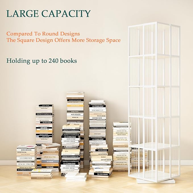 Square Rotating Bookshelf Tower - 360 Spinning Display Corner Bookcase for Narrow Space, Modern 5-Tier Revolving Storage Shelf, White