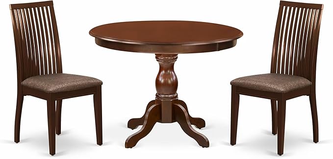 East West Furniture HBIP3-MAH-C 3 Piece Dining Room Furniture Set Contains a Round Kitchen Table with Pedestal and 2 Linen Fabric Upholstered Dining Chairs, 42x42 Inch, Mahogany
