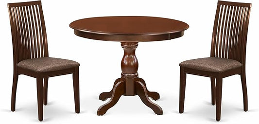 East West Furniture HBIP3-MAH-C 3 Piece Dining Room Furniture Set Contains a Round Kitchen Table with Pedestal and 2 Linen Fabric Upholstered Dining Chairs, 42x42 Inch, Mahogany