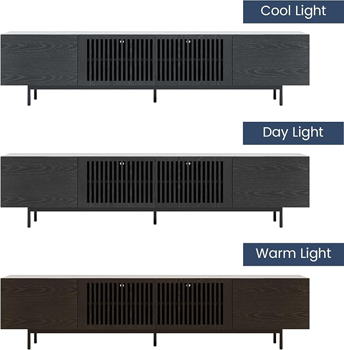 POVISON Mid Century Modern Sintered Stone TV Stand, Slatted Media Console TV Cabinet with Tall-cast Metal Legs, Fluted Entertainment Center with Storage, Fully-Assembled (Black, 94.49")