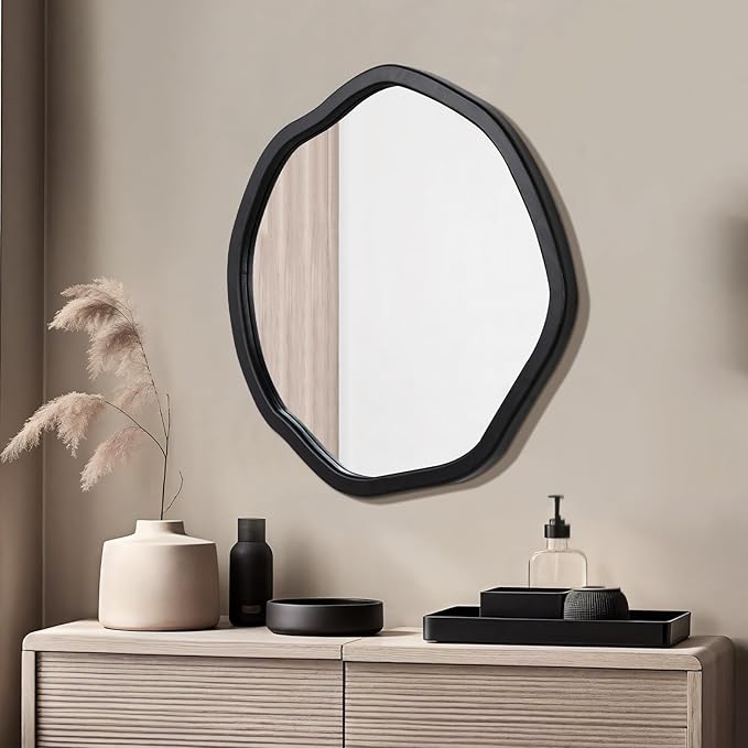 ULIKE Round Wood Mirror, 30 Inch Black Asymmetrical Circle Vanity Mirror with Wood Frame, Modern Decorative Wall Mount for Bathroom Bedroom Living Room Entryway