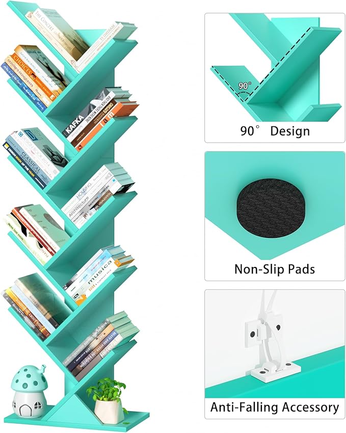 10 Tier Tree Book Shelf, Floor Standing Wood Bookshelf for Narrow Space, Storage Organizer Bookshelves for Books/CDs/Magazine, Bookcase with Shelves for Home Office, Living Room - Green