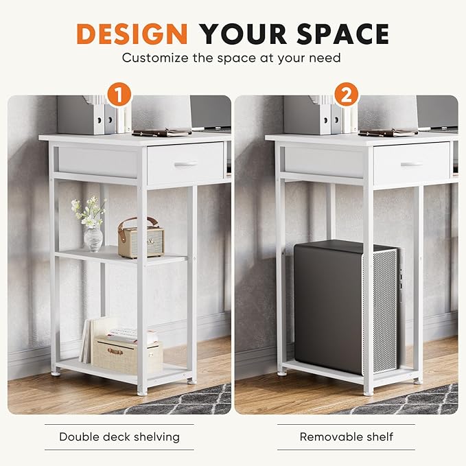 Whitmor Computer Desk - 48 Inch Home Office Study Writing Table with 2 Fabric Drawers, Storage Shelves, Side Bag, Headphone Hook, White