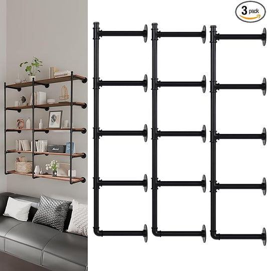 Industrial Pipe Shelf Brackets Wall Mount, Open Black Pipe Shelving for Kitchen,Floating Shelf Brackets Mount,Open Bookshelf Brackets for Shelves,Wall Shelves 12 Inch Deep,(2PcsX3Tier,61" Tall)