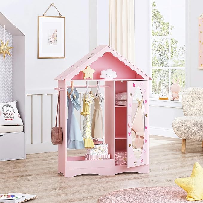 UTEX Kids Dress Up Storage with Mirror, Kids Wardrobe Closet, Dress Up Armoire for Little Girls, Open Hanging Costume Organizer with Storage Cabinet for Kids Room, Playroom