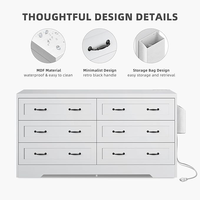 YITAHOME White Drawers TV Stand for 65 inches with Power Outlets -Chest of Drawers Dresser with Side Organizer Bag Entertainment Center TV Console, White