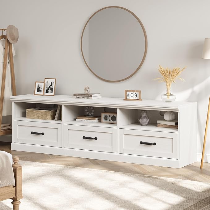 GarveeHome TV Stand for 65/70/75 Inch TV, Entertainment Center with Storage Drawer, Mid-Century Modern TV Console with Open Shelves, 70in Media TV Cabinet for Living Room, Bedroom, Antique White