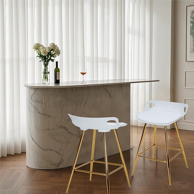 Sidanli Bar Stools Set of 2, Gold Bar Stools, Counter Height Stools with Leather Padded Seats and Footrests, 26 Inch White Barstools for Kitchen Island, Farmhouse or Home Bar