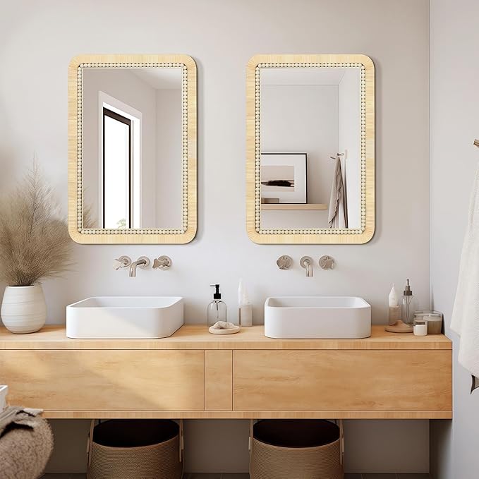 ULIKE Rattan Mirror for Bathroom, 22x30 Inch Rectangle Rustic Farmhouse Wall Decor with Handmade Wicker Frame, Boho Mirror for Nursery Bedroom Living Room Entryway