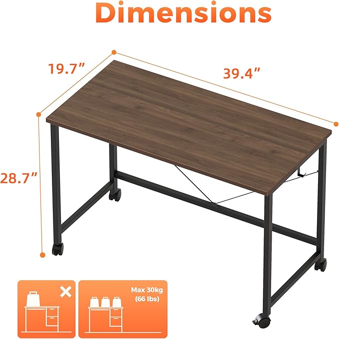 Computer Desk, Gaming Desk for Small Spaces, Modern Simple Style Table for Home Office, Study Student Writing Table (Caster, Walnut, 40 inch)