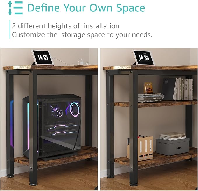 Lufeiya L Shaped Computer Desk with Drawers & Storage Shelves, 55 Inch Corner Desk with Power Outlet for Home Office Bedroom, L-Shaped Teen PC Gaming Desks with Fabric Drawer, Rustic Brown