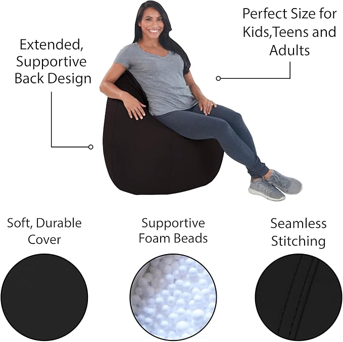 FDP SoftScape Dew Drop Bean Bag Chair with Supportive High-Back Design, For Kids, Teens and Adults, Alternative Seating for Dorms, Schools, Libraries, Daycares or Home - Black