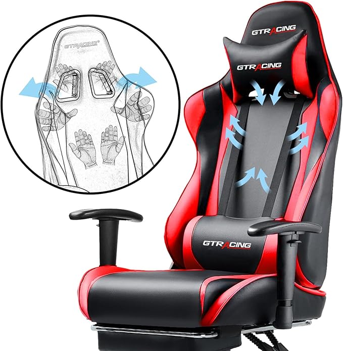 GTRACING Gaming Chair with Footrest, Ergonomic Computer Game Desk Chair, Reclining Gamer Chair Seat Height Adjustment, Swivel Rocker with Headrest and Lumbar (Brickred)