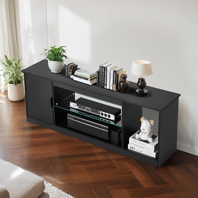 VEVOR TV Stand for TVs up to 65 inch, Modern Entertainment Center with Light Strip, Wooden TV Cabinet Storage with Glass Shelf and Adjustable Shelves, Console Table for Living Room and Bedroom, Black