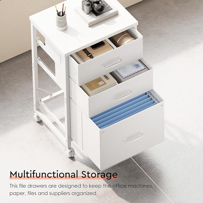 3 Drawer Mobile File Cabinet with Wheels Fabric Vertical Filing Cabinet fits A4 or Letter Size for Home Office,White