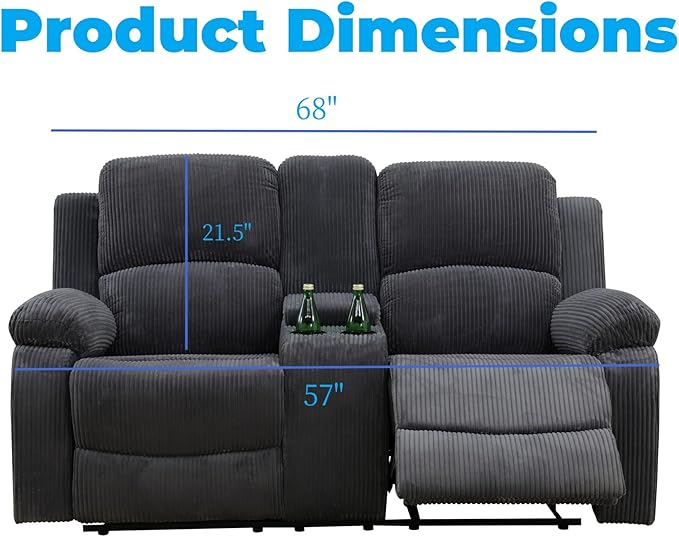 Loveseat Recliner Sofa, Reclining Loveseat Couch with Storage Console, Modern Comfy Home Theater Seating Power Recliner Chair with Cup Holders for Living Room Furniture Sets, Grey