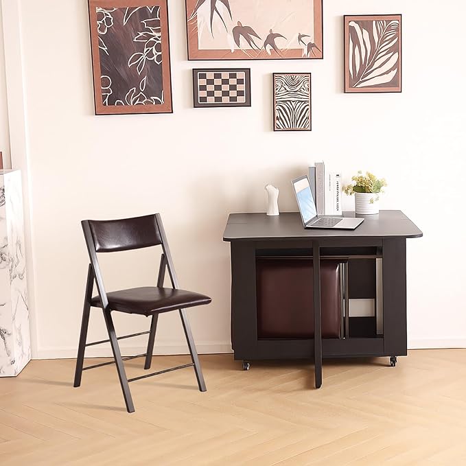Folding table and chair set, dining table with extra large storage space and 4 universal wheels, matched with padded steel frame folding chairs, space-saving dining table and 2 chairs (Brown)