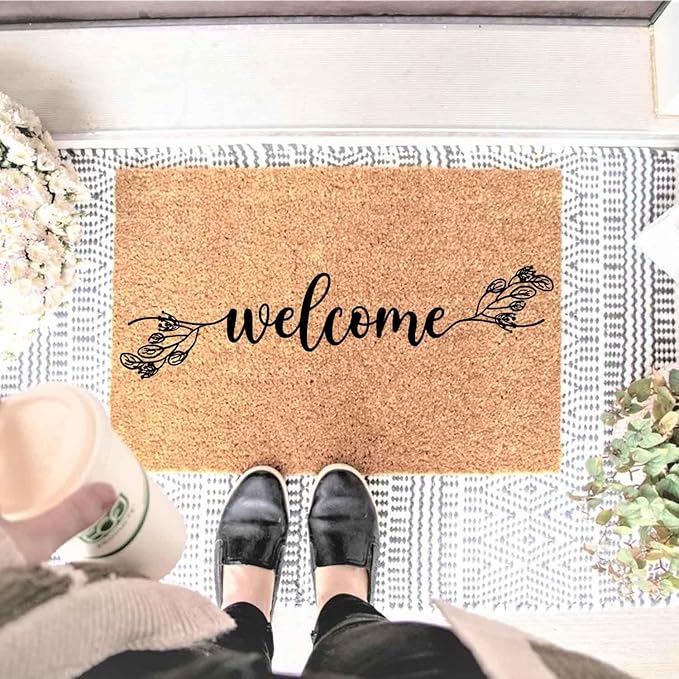 Funny Coir Doormat with Welcome Floral Design Botanical Theme - Front Door Mat, Entryway Welcome Mat, 23.7 x 15.7 inch