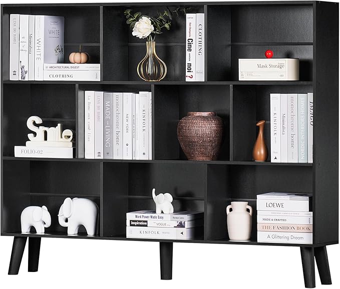 YAHARBO 10 Cube Large Bookshelf,3 Tier Bookcase with Legs,Black Mid-Century Modern Bookshelves,Wide Free Standing Open Storage Organizer Shelf,Tall Wooden Book Case Furniture for Living Room,Office