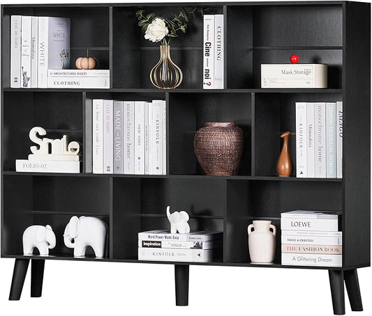YAHARBO 10 Cube Large Bookshelf,3 Tier Bookcase with Legs,Black Mid-Century Modern Bookshelves,Wide Free Standing Open Storage Organizer Shelf,Tall Wooden Book Case Furniture for Living Room,Office