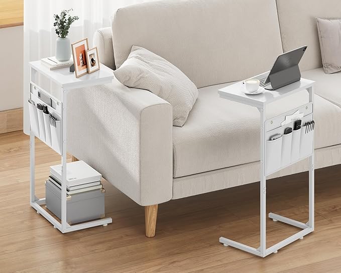 Vagusicc C Shaped End Table, 28'' Tall Side Table for Couch Recliner, Small Couch Side Table, Tall Couch Desk Slide Under Sofa Table TV Tray Arm Tables with Metal Frame for Living Room, Bedroom, White