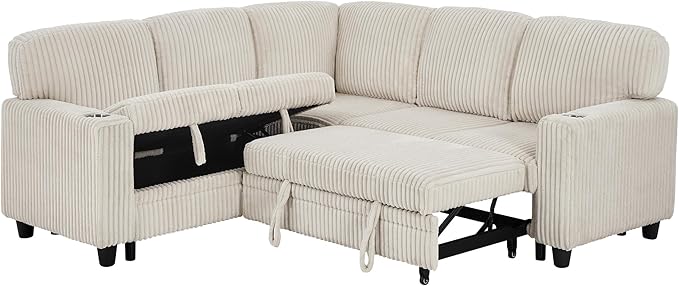 Ball & Cast Modular Sectional Sleeper Sofa Bed,L-Shaped Couch W/Pull Out Bed and USB Charging,Cupholders&Storage Seats,Convertible Sleeper Sofa Beds for Living Room,Apartment,Corduroy Fabric,Beige,81"