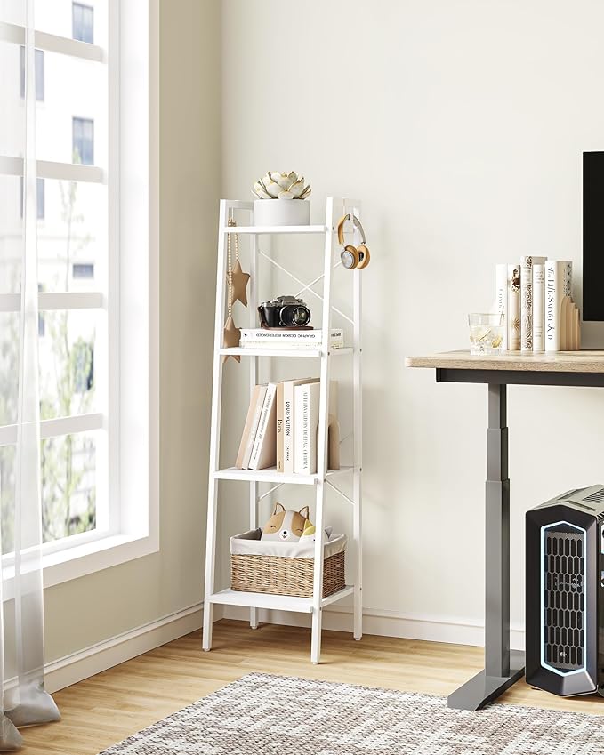 Ladder Shelf, Bookshelf Bookcase, Freestanding Corner Storage Shelve with 2 Hooks for Home Office, Living Room, Kitchen, Bedroom, Industrial, 4-Tier White BC13213W