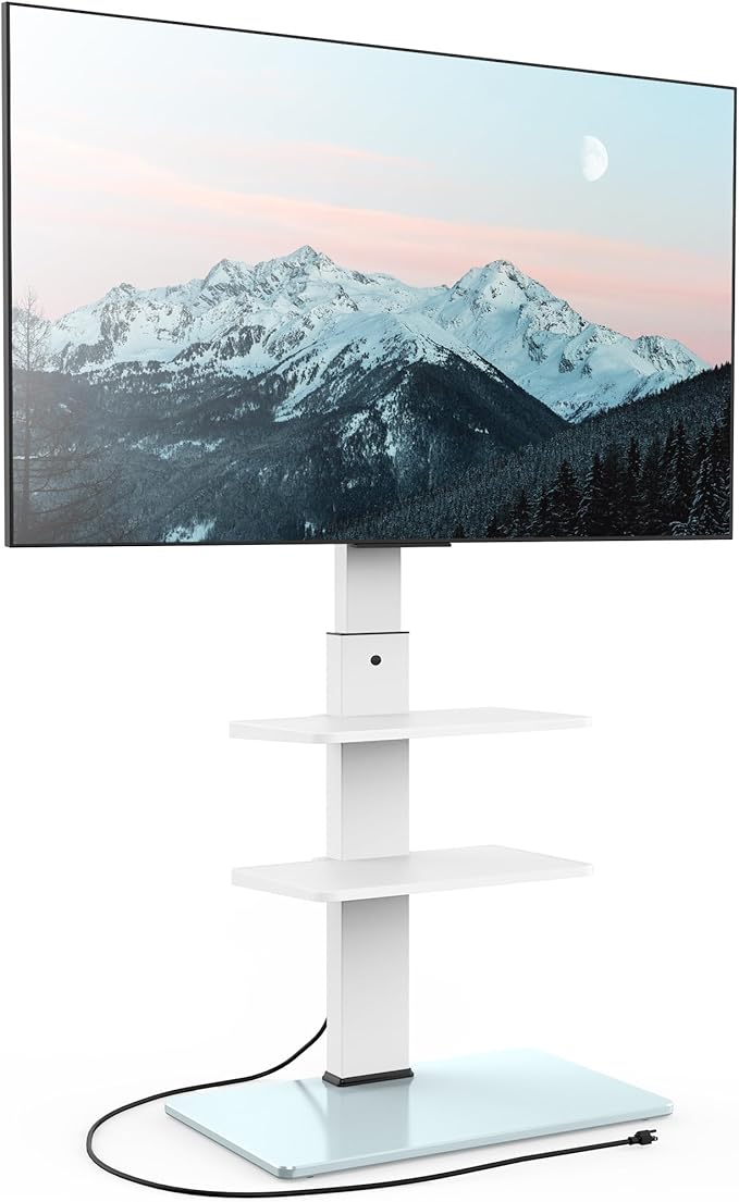 FITUEYES Floor TV Stand for 32-75 inch TV with Power Outlet, Tall TV Mount for Bedroom Living Room with Tempered Glass Base, TV Stand with Mount Holds Up to 88lbs MAX VESA 600x400mm,White