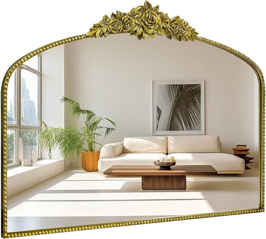 Antique Gold Arch Wall Mirror, 48"x30" Traditional Vintage Mantel Mirror with Ornate Metal Frame, Baroque Victorian Mirror for Fireplace/Entryway/Bathroom/Living Room/Dining Room
